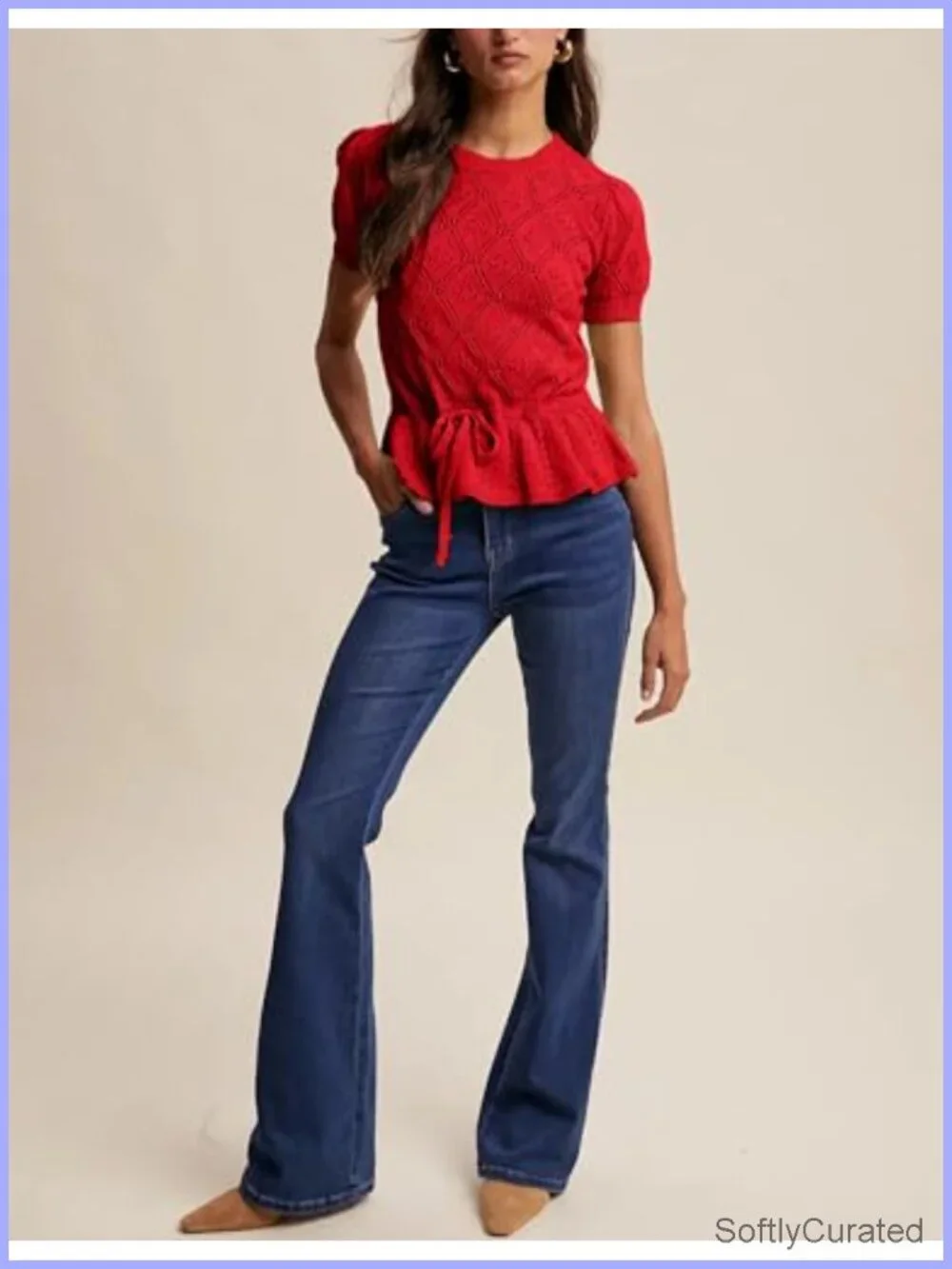 Lightweight Crochet Knit Peplum Sweater Short Sleeve Tie Front Hollow Out Top